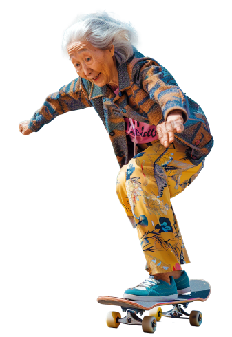 Senior faisant du skateboard, illustrant une démarche de devis simple et accessible pour une mutuelle santé senior
