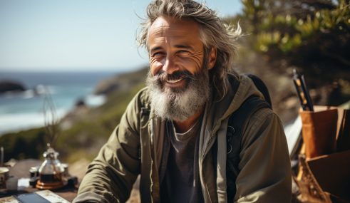 Portrait d’un homme d’âge mûr en tenue décontractée blanche écrivant un journal à côté d’une tente en forêt. quel-est-l-age-d-un-senior
