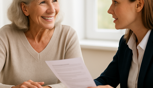 assurance-dependance-ou-mutuelle-sante-smatis Une femme senior souriante échange avec une conseillère autour d’un document, illustrant un accompagnement personnalisé en santé ou dépendance.