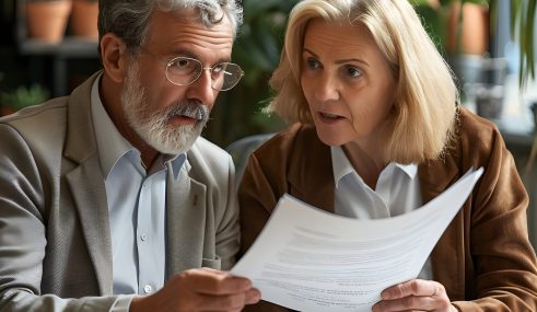 Deux personnes devant un contrat d'assurance réfléchissent aux avantages et inconvénients d'avoir deux mutuelles.