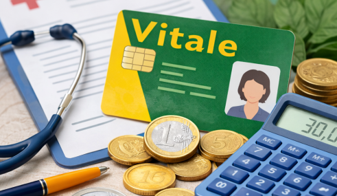 Carte Vitale, calculatrice et pièces en euros illustrant le calcul des remboursements de la Sécurité sociale et de la mutuelle.