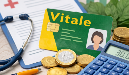 Carte Vitale, calculatrice et pièces en euros illustrant le calcul des remboursements de la Sécurité sociale et de la mutuelle.
