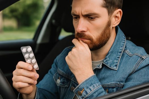 conduite-et-medicaments-mutuelle-smatis Homme au volant observant une plaquette de médicaments, illustrant les risques liés à la conduite sous traitement médical.