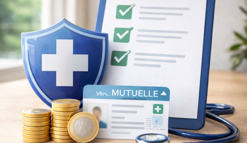 Illustration d’un contrat responsable en mutuelle avec carte santé, euros et stéthoscope