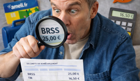 Adhérent lisant un décompte de remboursement de la Sécurité sociale à l’aide d’une loupe, pour mieux comprendre les montants remboursés et le reste à charge.