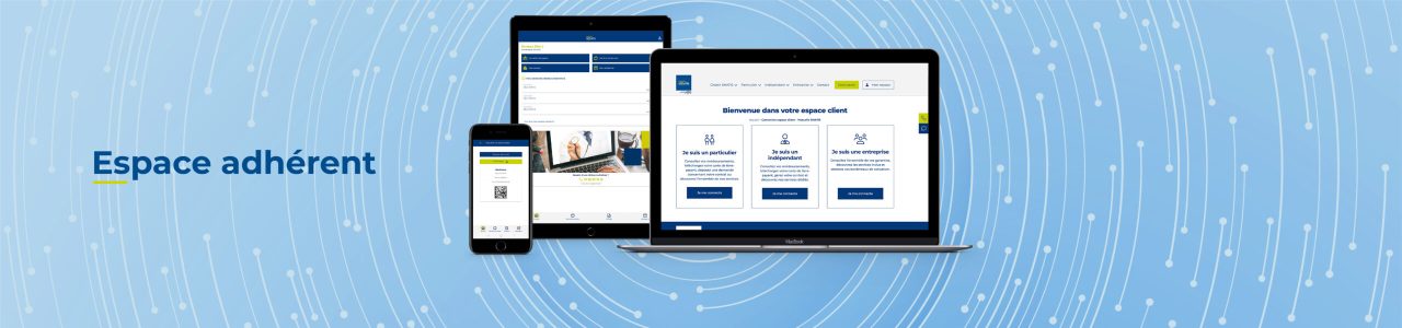 un ordinateur de bureau, un téléphone et une tablette représentant un l'espace adhérent de la mutuelle smatis