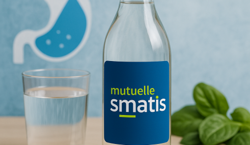 importance-de-lhydratation-mutuelle-smatis Bouteille en verre d'eau avec le logo Mutuelle SMATIS sur l'étiquette, posée sur une table avec un verre d'eau et des feuilles de basilic