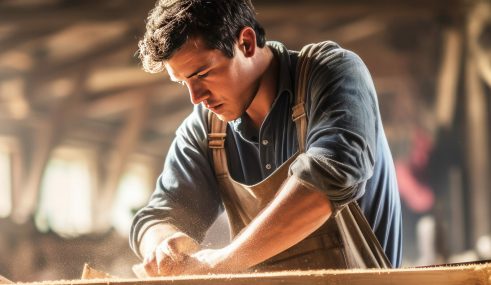 « Un menuisier en train de couper du bois, affichant son appartenance à la mutuelle Smatis. » "Un menuisier en train de couper du bois, affichant son appartenance à la mutuelle Smatis."
