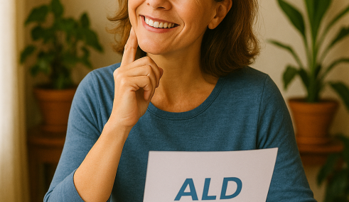 mutuelle-senior-et-ald-smatis Femme souriante d'une cinquantaine d'années tenant un document marqué 'ALD', assise à une table avec une tasse de café, dans un intérieur lumineux avec des plantes en arrière-plan