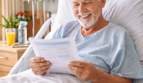 Senior hospitalisé consultant des documents de mutuelle santé à l’hôpital