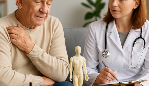 mutuelle-senior-et-medecine-douce-smatis Consultation entre un senior et une praticienne en médecines douces avec des éléments d'acupuncture et de phytothérapie