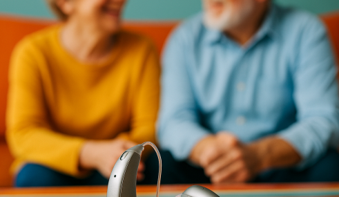 mutuelle-senior-et-protheses-auditives appareil auditif senior sur une table en bois, symbole du bien-vieillir et de la prise en charge 100 % santé