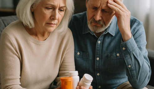 mutuelle-senior-et-remboursement-medicament Couple de seniors inquiets devant des boîtes de médicaments non remboursés