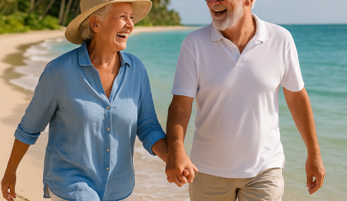 couple senior expatrie heureux sur une plage en thailande avec mutuelle sante