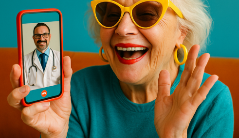 Senior souriant en téléconsultation médicale depuis son salon, image joyeuse et colorée
