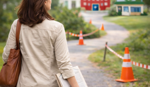 Femme marchant sur un chemin balisé vers des établissements de santé, illustrant un parcours de soins coordonnés