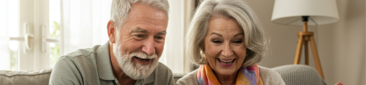 Couple de seniors souriants découvrant le programme de parrainage SMATIS depuis leur salon.