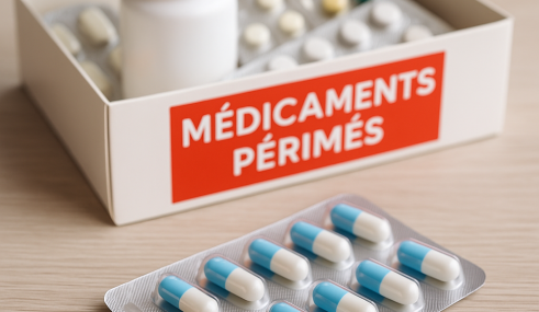peut-on-prendre-des-medicaments-perimes-mutuelle-smatis Médicaments périmés sur une table avec emballages ouverts et flacon en arrière-plan.