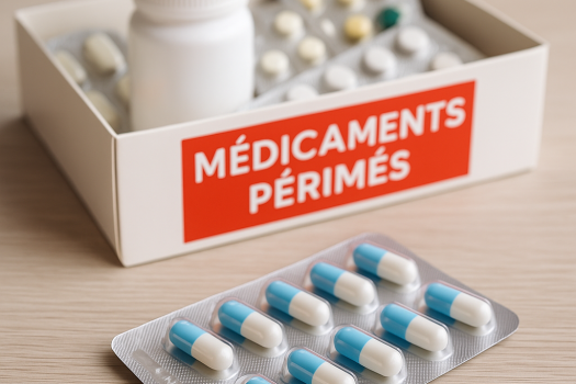 Médicaments périmés sur une table avec emballages ouverts et flacon en arrière-plan.