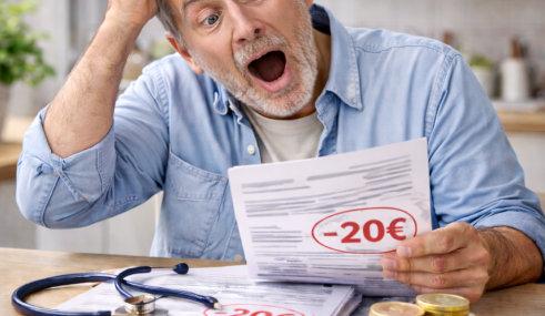 Homme senior surpris en consultant un décompte de remboursement de la Sécurité sociale montrant un montant inférieur au prix payé