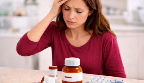 Femme assise à une table, l’air préoccupé, observant des boîtes de médicaments et des comprimés.