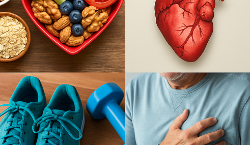 Illustration de la prévention des maladies cardiovasculaires avec des aliments sains, un cœur anatomique, des équipements de sport et une personne se tenant la poitrine.