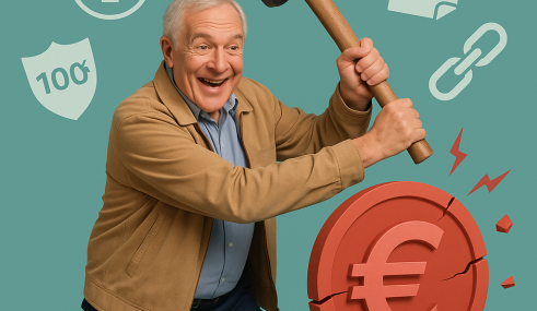 Senior souriant cassant une grosse pièce en euro avec un marteau, symbolisant la baisse des cotisations de mutuelle.