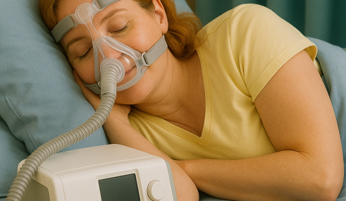 femme dormant avec un masque PPC relié à un appareil contre l’apnée du sommeil