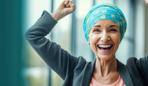 Femme portant un foulard sur la tête, levant les bras avec détermination dans sa lutte contre le cancer Femme portant un foulard sur la tête, levant les bras avec détermination dans sa lutte contre le cancer