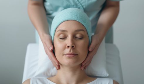 Femme recevant un massage du visage dans le cadre d’une cure post-cancer pour favoriser la détente et la récupération Femme recevant un massage du visage dans le cadre d'une cure post-cancer pour favoriser la détente et la récupération
