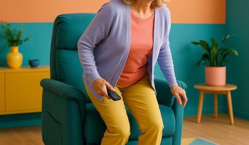 remboursement-des-fauteuils-releveurs-mutuelle-smatis Femme souriante se levant d’un fauteuil releveur dans un salon coloré, confort et autonomie au quotidien