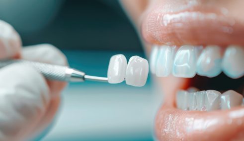 Veneers enhancing jaw aesthetics, showing thorough cleaning processes, selective focus, cosmetic dentistry, ethereal, composite, dental studio Facette dentaire en céramique tenue par une pince, prête à être posée sur une dent de devant.