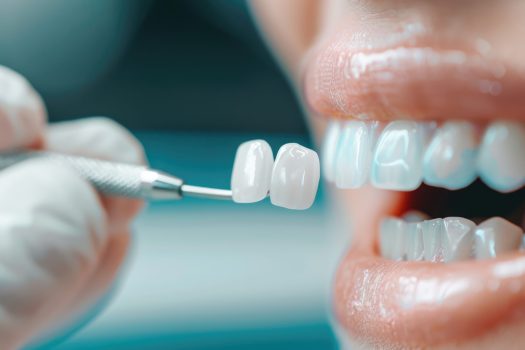 Veneers enhancing jaw aesthetics, showing thorough cleaning processes, selective focus, cosmetic dentistry, ethereal, composite, dental studio Facette dentaire en céramique tenue par une pince, prête à être posée sur une dent de devant.