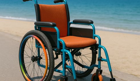 Fauteuil roulant coloré sur un chemin qui mène à la plage, symbole d’accessibilité et de liberté.