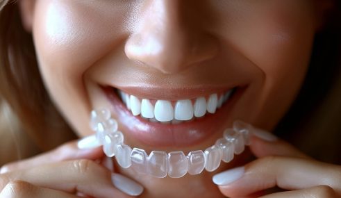 Jeune femme plaçant une gouttière dentaire pour illustrer le remboursement de ce dispositif Jeune femme plaçant une gouttière dentaire pour illustrer le remboursement de ce dispositif