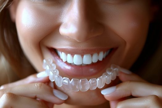 Jeune femme plaçant une gouttière dentaire pour illustrer le remboursement de ce dispositif Jeune femme plaçant une gouttière dentaire pour illustrer le remboursement de ce dispositif