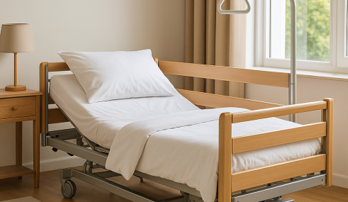 remboursement-lit-medicalise-mutuelle-smatis Lit médicalisé réglable installé dans une chambre claire et confortable, avec matelas blanc, structure en bois et équipement de soutien