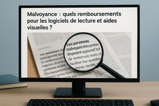 remboursement-logiciel-lecture-malvoyants Ordinateur affichant un article sur le remboursement des logiciels de lecture pour malvoyants, avec une interface agrandie à l’écran
