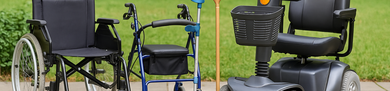 Équipements de mobilité médicale : fauteuil roulant, cannes et déambulateur pour faciliter le quotidien des personnes à mobilité réduite.