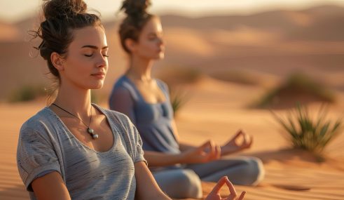 Femme pratiquant une séance de sophrologie et relaxation en pleine nature devant une dune de sable Femme pratiquant une séance de sophrologie et relaxation en pleine nature devant une dune de sable