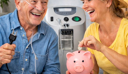 Personne âgée utilisant un concentrateur d’oxygène à domicile, illustrant la prise en charge de l’oxygénothérapie et des frais d’électricité