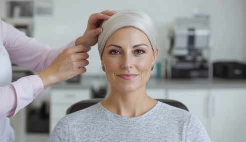 Femme portant une prothèse capillaire après un traitement contre le cancer Femme portant une prothèse capillaire après un traitement contre le cancer