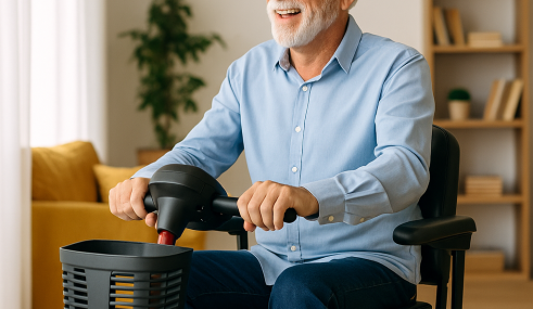 Homme senior souriant utilisant un scooter électrique pour personnes à mobilité réduite dans son salon