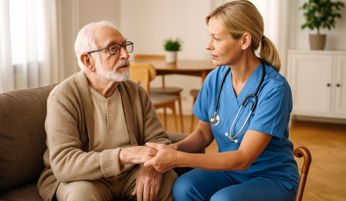 remboursement-soins-a-domicile-mutuelle-smatis Infirmière prenant soin d’une personne âgée à domicile, illustrant la prise en charge médicale et l’accompagnement thérapeutique pour les seniors