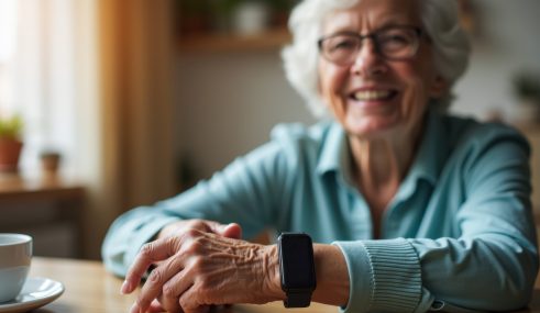 Femme âgée utilisant une montre d’alerte pour la téléassistance à domicile Femme âgée souriante et sereine portant une montre d’alerte pour la téléassistance