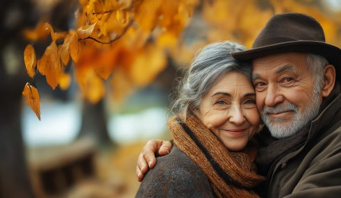 Un adorable grand-mère et grand-père sont assis sur un banc dans un parc en automne, se regardant avec tendresse. Grâce à la téléassistance avec détection des chutes, ils peuvent profiter de ce moment en toute sécurité. « Après toutes ces années, je ne peux pas m’empêcher de te regarder. Un adorable grand-mère et grand-père sont assis sur un banc dans un parc en automne, se regardant avec tendresse. Grâce à la téléassistance avec détection des chutes, ils peuvent profiter de ce moment en toute sécurité. "Après toutes ces années, je ne peux pas m'empêcher de te regarder.