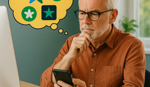 Senior souriant avec casque audio, réfléchissant aux avis clients Google, Trustpilot et Ekomi, assis à son bureau moderne